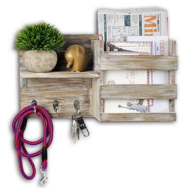 Spiretro Wall Mount Entryway Mail Envelope Organizer, Key Holder Hooks, Leash Hanging, Coat Rack, Letter & Newspaper Storage, Ornament Home Decorative Floating Shelf, Country Rustic Torched Wood-Grey