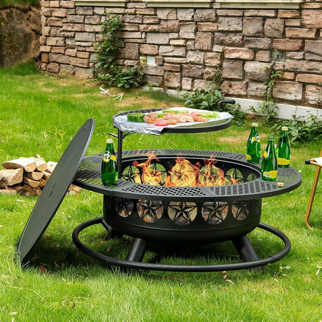 42 Inch BBQ Fire Pit with Grill, Large Outdoor Wooding Burning Fire Pit for Camping,Picnic,Bonfire,3-in-1 Round Metal Table with Lid for Backyard,Outside,Patio