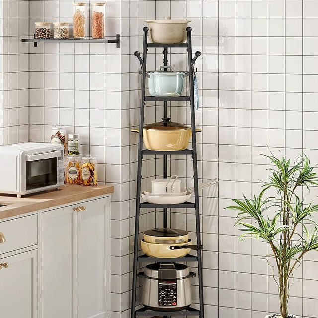 CHOEZON Pot Racks, 6-Tier Cookware Stand, Triangle Shelf Storage Tower for Kitchen, Pans Pots Storage Rack, Metal Wire Shelf Organizer, Corner Shelf, for Kitchen, Living Room, Black TPR15BB