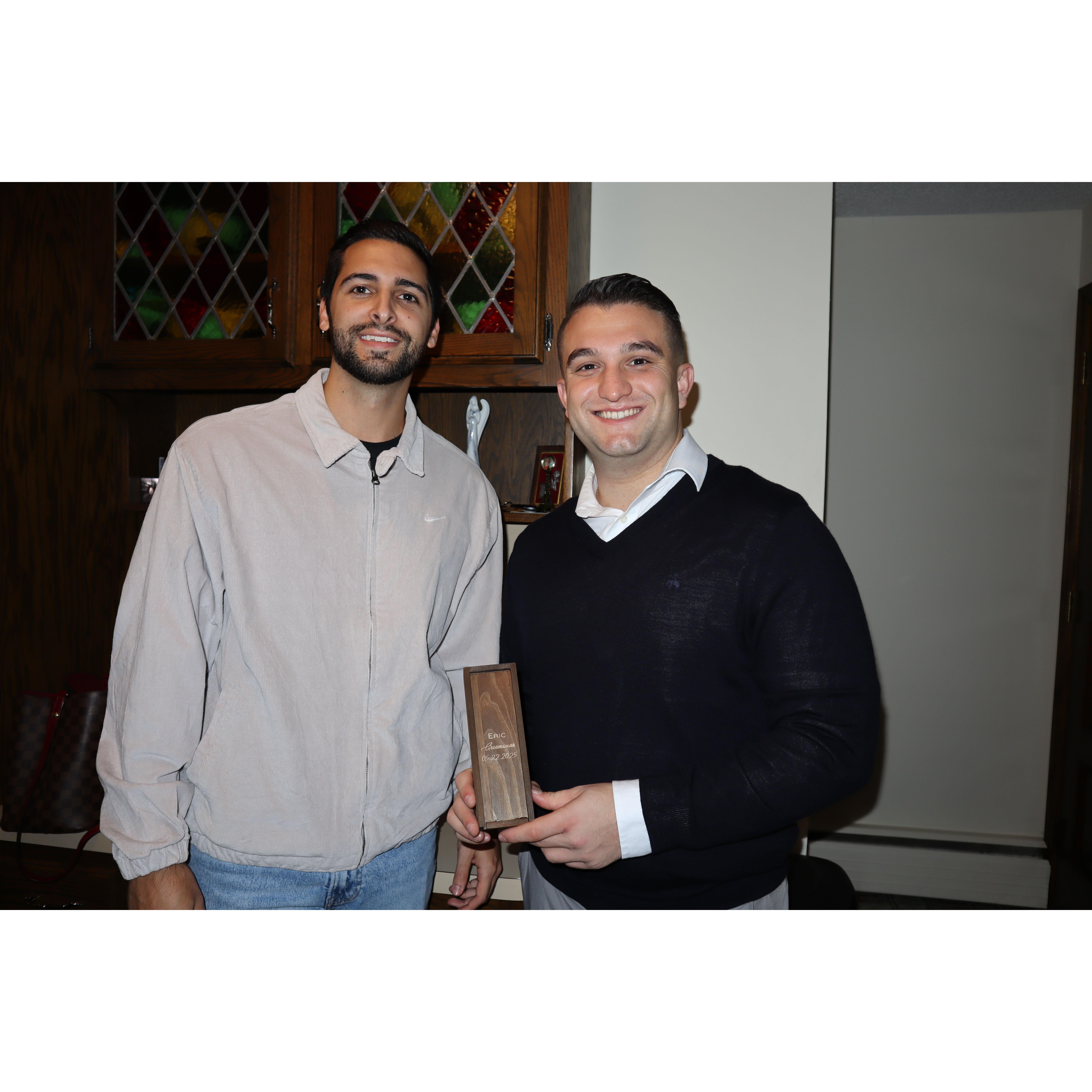 Eric a groomsman, is Gabriellas fiancé. Ben and Eric easily became best friends over a bowl of pasta and Sunday soccer!