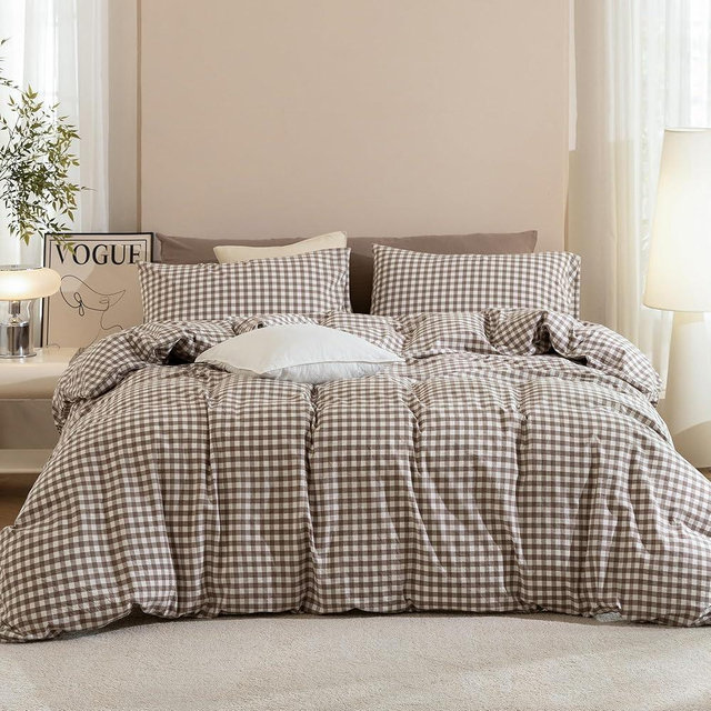 JIYUAN Queen Size Duvet Cover Set, 3-Piece Classic Gingham - 100% Washed Cotton, Linen-Like Soft & Breathable,with Zipper Closure, Includes 90"x90" Inch Cover & 2 Pillowcases,Light Brown/White