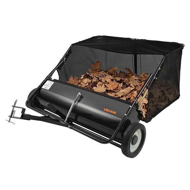 VEVOR Tow Behind Lawn Sweeper, 44 in Pull Behind Lawn Sweeper, 25 cu. ft Large Capacity Leaf & Grass Collector, Heavy Duty Garden Sweeper with Adjustable Sweeping Height for Yard, Lawn, Farm
