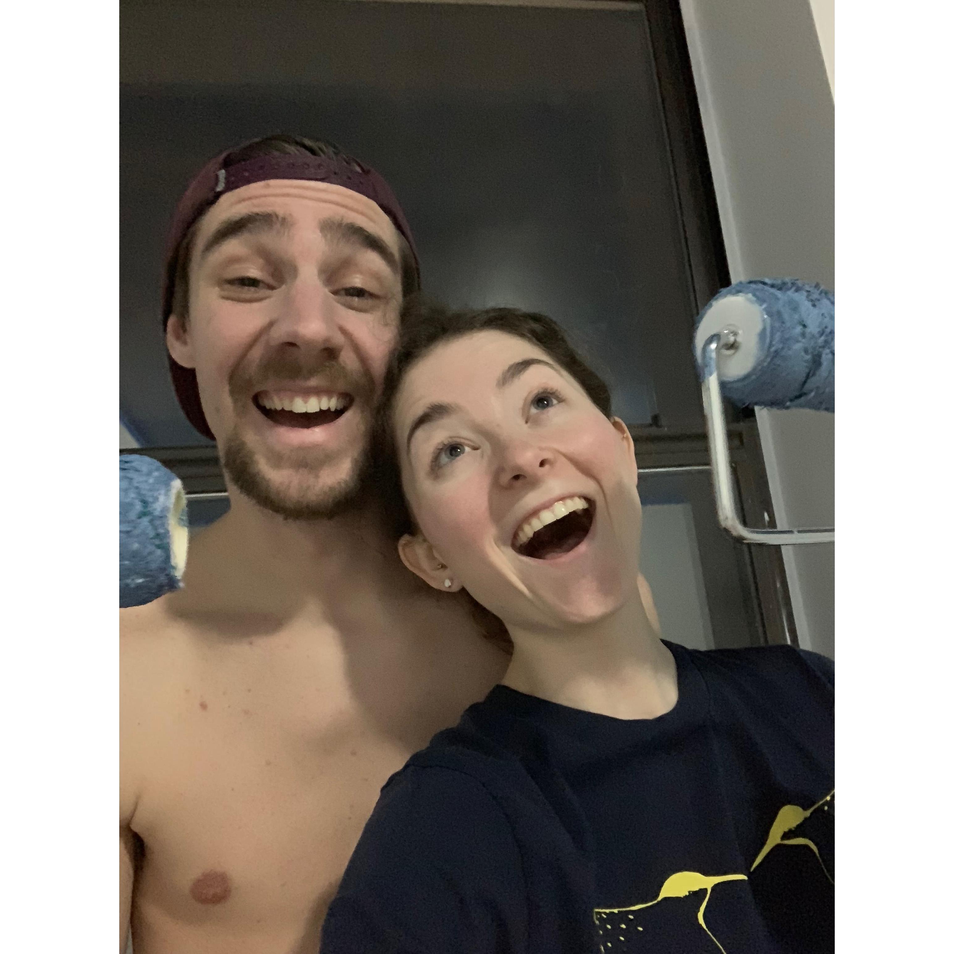 A selfie after successfully painting the master bedroom ceiling of our first apartment.