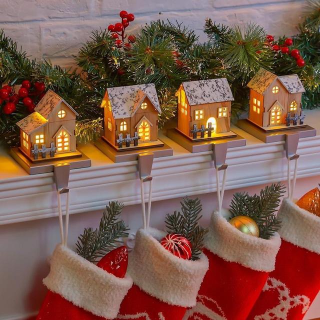 4Pack Christmas Stocking Holders for Mantle, Set of 4 Christmas Mantle Wood Room Stocking Hangers with Lights, Weighted Christmas Different Room Stocking Hooks for Fireplace Window Counter Decoration