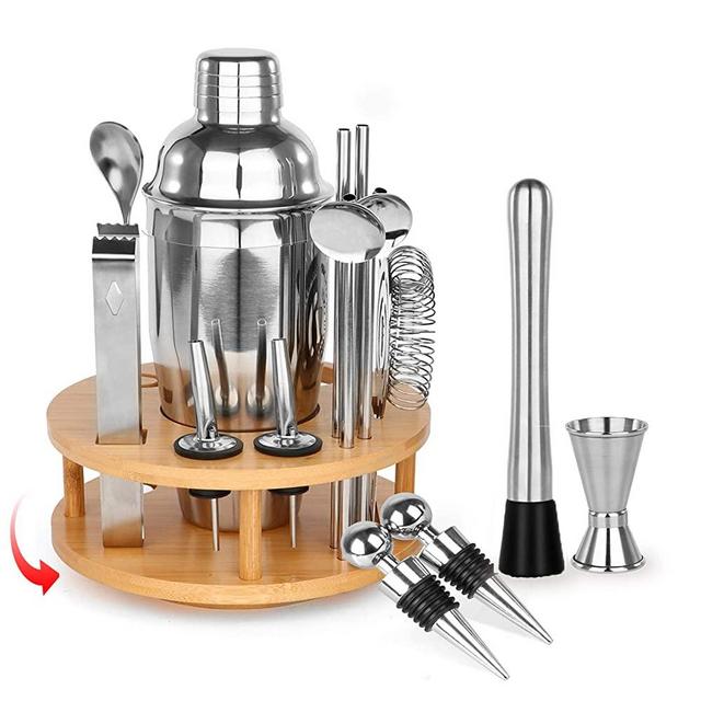 Bartender Kit 24oz Bar Shaker Christmas Gift Set 17 Piece with Rotating Stand, SUPERSUN Home Bar Set with Built-in Strainer, Muddler, Jigger, Drink Shaker 304 Stainless Steel