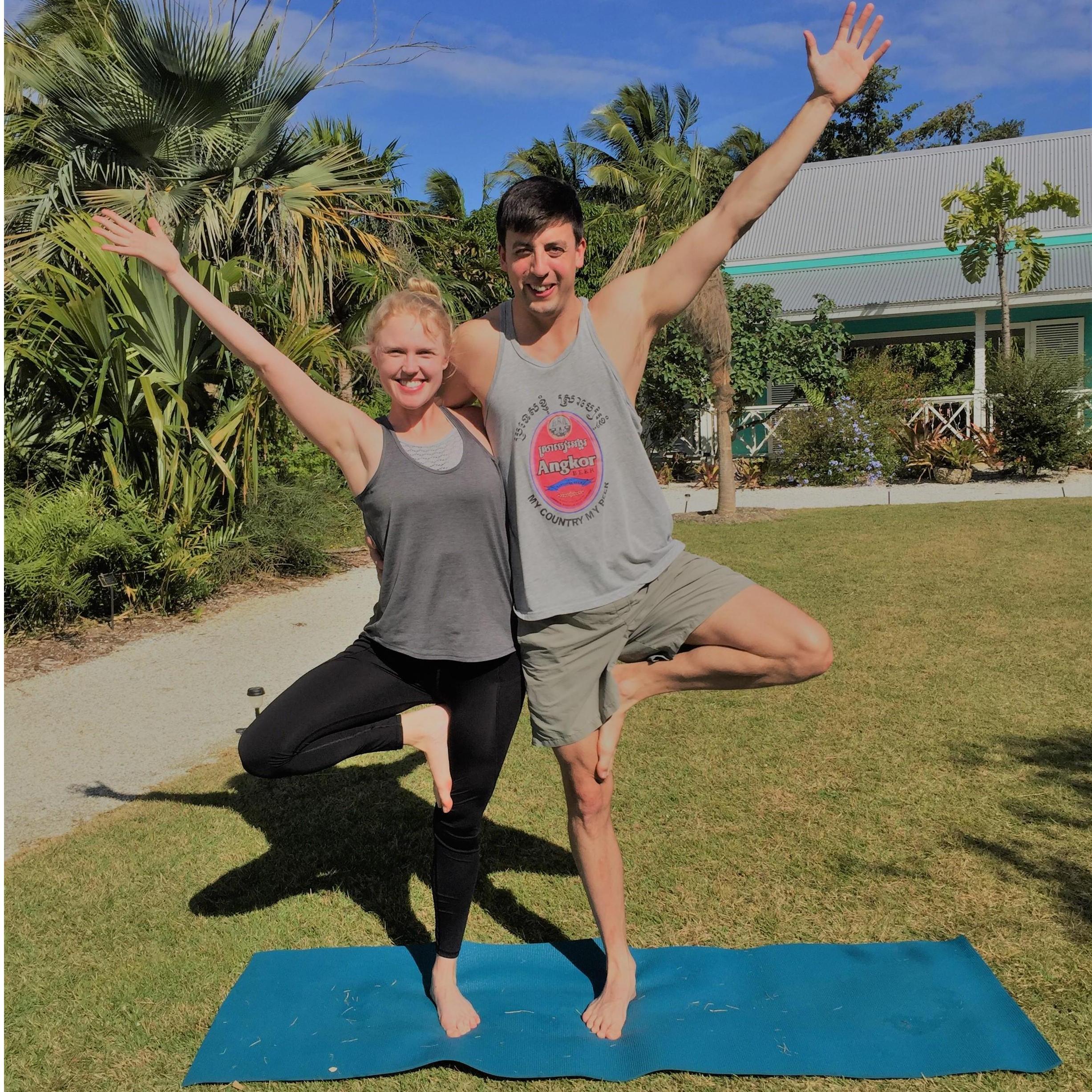 Lisa & Abe love hot yoga! Abe asked Lisa to a class early on. After class, Abe pulled our two cold La Criox's......'Lisa swoons'. Fast forward to 2018 Christmas with yoga @ Naples Botanical Garden