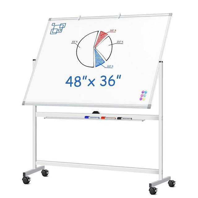 Large Rolling White Board, 48x36 in Double-Sided Mobile Whiteboard, maxtek Reversible Magnetic Dry Erase Board Easel Standing Whiteboard on Wheels Portable Board for Office Classroom and Home, Silver