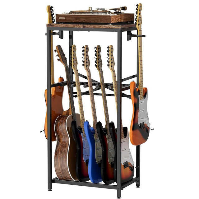 storenization Guitar Stand for Multiple Guitars, Guitar Rack for Acoustic Guitar, Electric Guitar, Bass and Ukulele, Rustic Guitars Display Stand with 2 Guitar Hangers, Gold