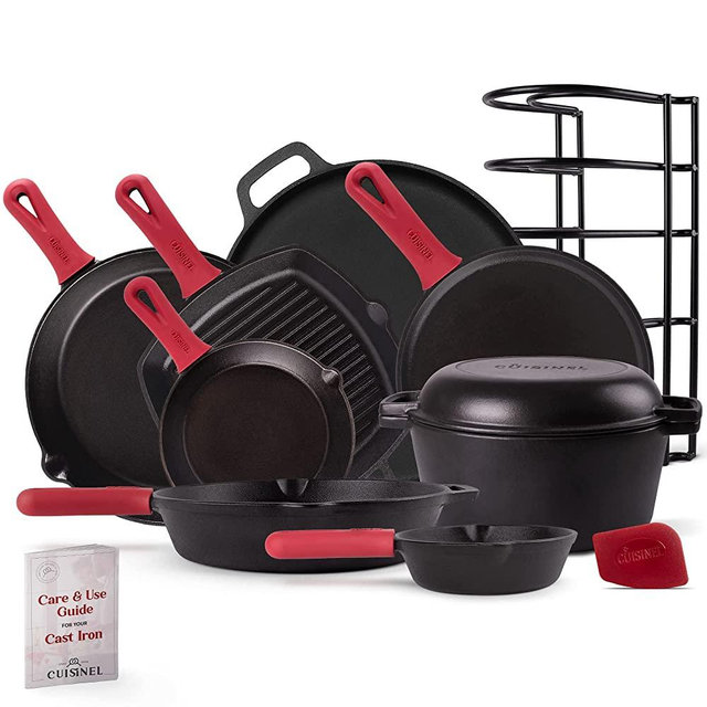 Cast Iron Cookware 11-Piece Set - Pre-Seasoned 6" + 8" + 10" + 12" Skillet + Grill Pan+Lid + Griddle + Pizza Pan + Dutch Oven+Cover/Pan + Panrack + Silicone Handle Cover + Pan Scraper/Cleaner + Guide