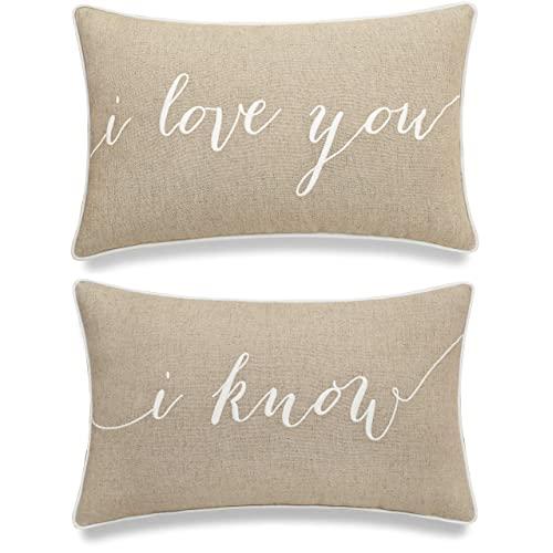 EURASIA DECOR I Love You I Know Set of 2 pcs Embroidered Decorative Lumbar Accent Throw Pillow Cover - for Couple, Bedroom, Wedding Gift (Linen, 12"x20")