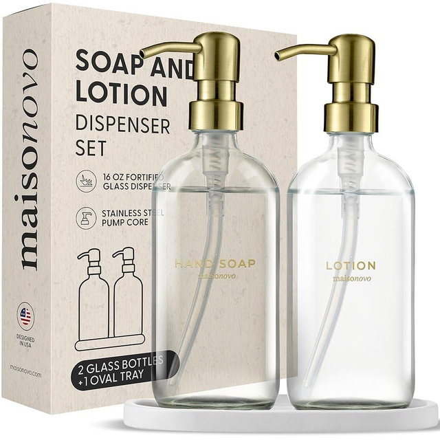 MaisoNovo Soap Dispenser 3-Piece Set | 16.9oz Clear Bottles with Gold Stainless Steel Pumps