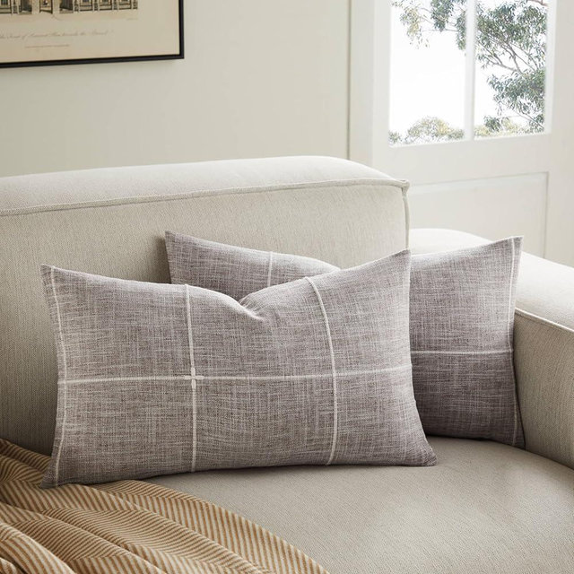 YZJZEDS 2 Packs Grid Embroidery Lumbar Throw Pillow Covers, 12x20 Inch Brown, Farmhouse Linen Decorative Brown Cushion Covers for Sofa Bed Living Room Home Decor