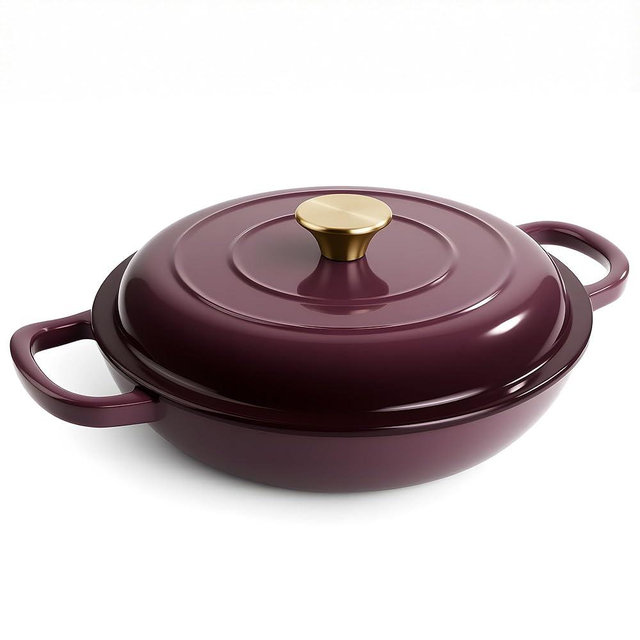 3 Quart Enameled Cast Iron Braiser, Non Stick Enameled Cast Iron Skillet with Lid, Dutch Oven Skillet with lid up to 500°F for Oven, Stove, Grill, Shallow Dutch Oven for Cook, Bake (Fig)