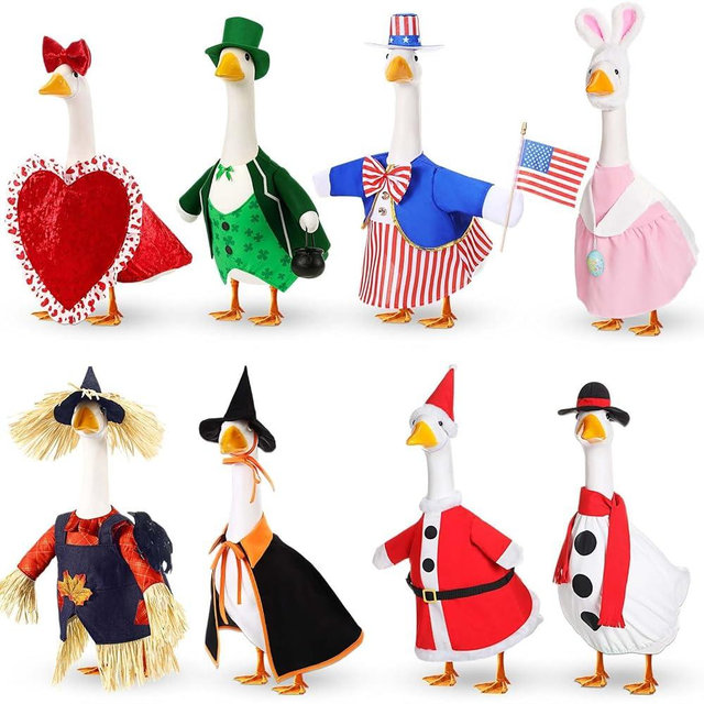 FuWeave 8 Set Holiday Porch Goose Outfits 250th Anniversary Summer 4th of July Fall Halloween Christmas Valentine St. Patrick Easter Lawn Porch Goose Clothing for Patio Yard Lawn Decor(Style4,23 Inch)