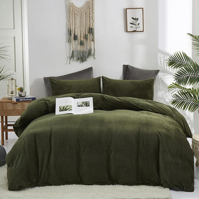 Cottonight Army Green Velvet Comforter Set - Queen Size, Olive Green Plush Fluffy Bedding, Dark Green Blanket, Modern Winter Warm 3 Piece Set for Women & Men