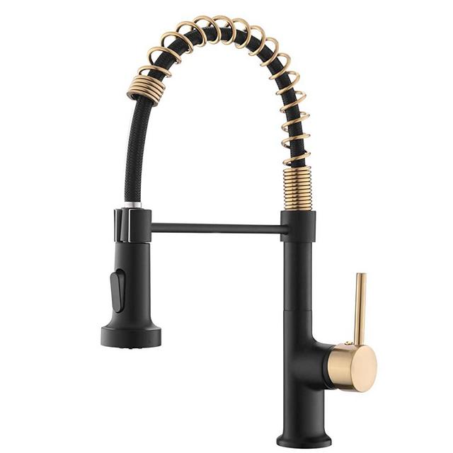 GIMILI Black and Gold Kitchen Faucet with Pull Down Sprayer, Single Handle Spring Kitchen Faucet, RV Farmhouse Utility Bar Laundry Faucet for Kitchen Sink