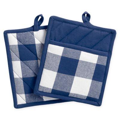Elrene Farmhouse Living Buffalo Check Pot Holders in Blue/White (Set of 2)