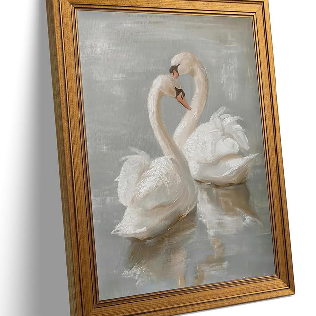 Vintage Gold Framed Wall Art Classical Swan Painting Picture Wall Decor Rustic Farmhouse Animal Poster Print Artwork for Living Room Nursery Bedroom Bathroom Office