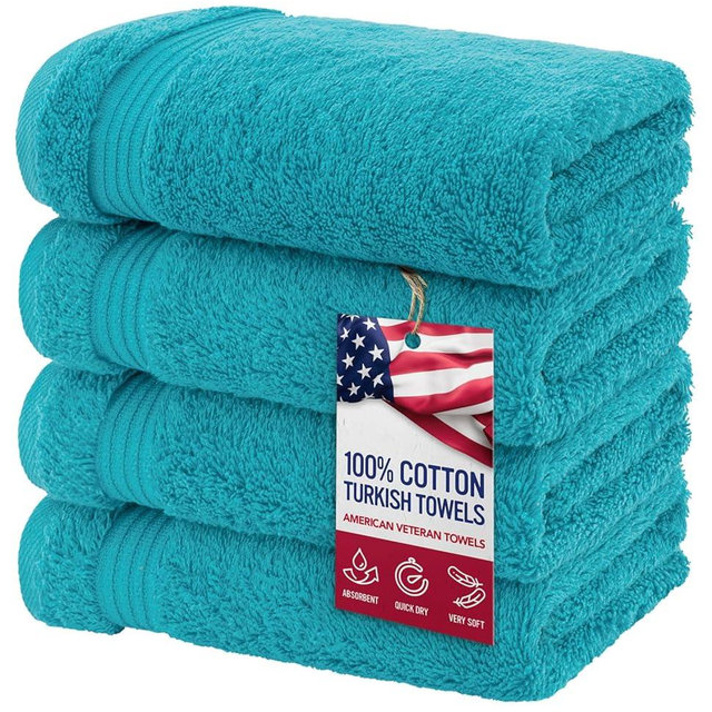 American Veteran Towel, Hand Towels for Bathroom Set of 4, 100% Cotton Turkish Hand Towel Sets Clearance Prime, Soft Hand Face Towels, Aqua Blue Hand Towels