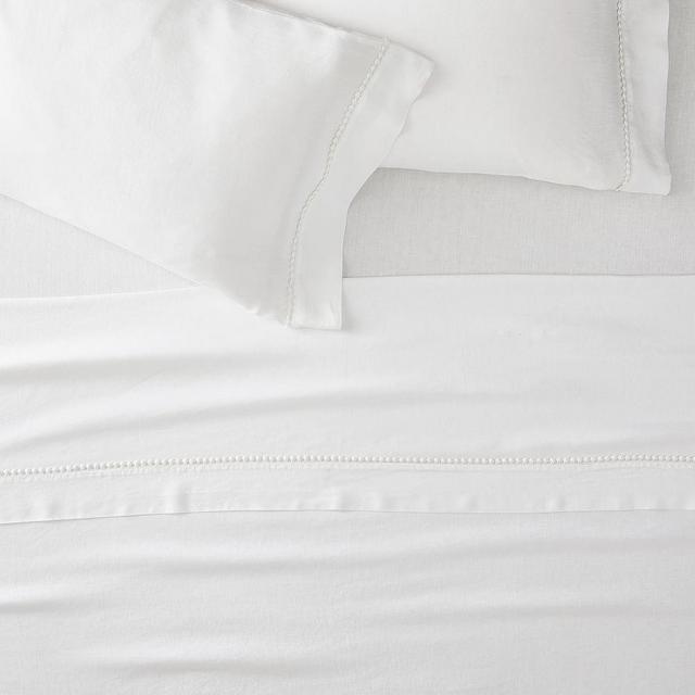 European Flax Linen Pom Pom Sheet Set, King, White