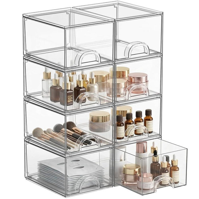 Zeawec 8 Pack Clear Stackable Acrylic Storage Boxes Storage Drawers, Bathroom Storage Organizer, Clear Plastic Makeup Organizer, Ideal for Vanity, Cabinet, Desk Organization