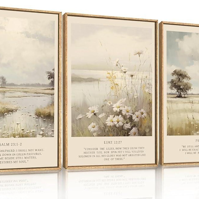 HPINUB Christian Bible Verse Framed Canvas Wall Art Set,Modern Scripture Floral Wall Decor,Vintage Jesus Religious Natural Wildflower Art Print for Living Room,Bedroom,Farmhouse,Prayer Room-16"x24"x3