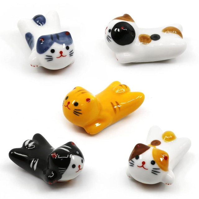 5 Pack Cat Chopsticks Rest Set, Chinese Paint Brush Rests, Japanese Style Porcelain Cute Lucky Cat Ceramic Chopsticks Holder Rack for Dinner Fork Spoon Knife Tableware, Home Kitchen Gift