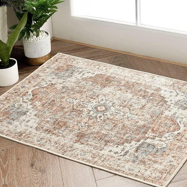 JINCHAN Area Rug 2x3 Persian Rug Indoor Entryway Vintage Rug Brick Red Print Rug Retro Distressed Carpet Thin Rug Chenille Mat Foldable Accent Rug Lightweight Non Slip Bathroom Kitchen Bedroom