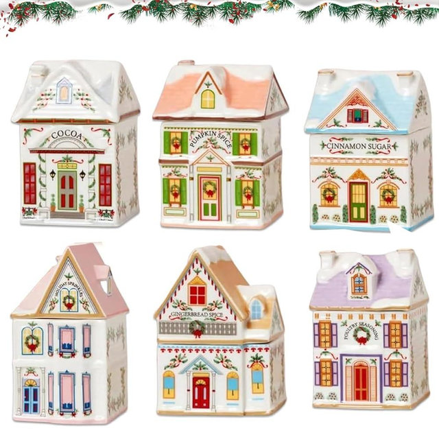 Holiday Village Spice House Set, 6 Mini Christmas Gingerbread Houses Jars, Countertop Display Festive Decorative for Kitchen & Coffee Bar, A Wonderland Your Kitchen