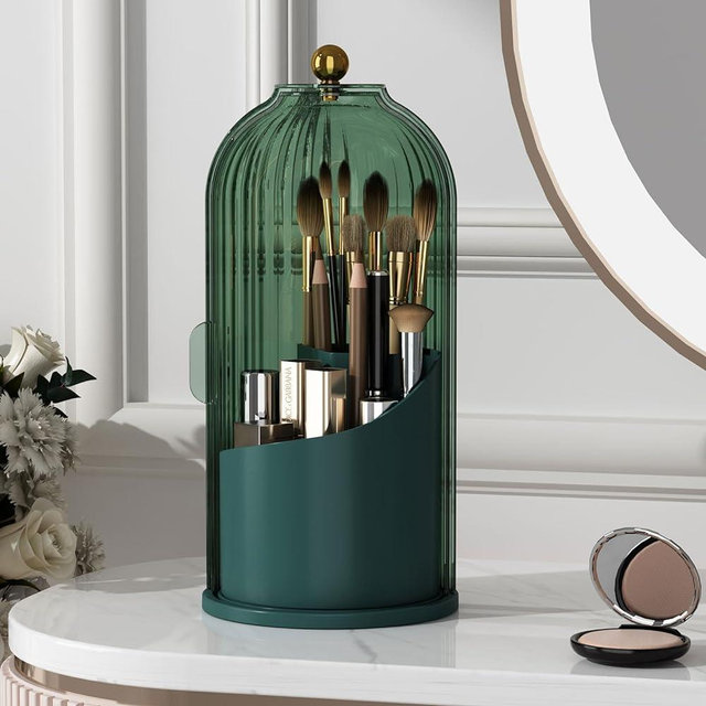 YOOLENS Makeup Brush Holder Organizer with Lid,360 Rotating Clear Dustproof Makeup Brushes Organizer for Vanity Desktop Bathroom Countertop, Green