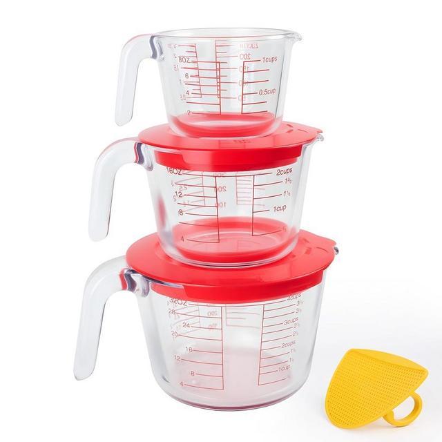 CUTEPLAN 6 Pcs Glass Measuring Cups Set with Lids (Strainer Included) - 1-Cup/2-Cup/4-Cup Nesting Jugs with Easy-Grip Handles, Kitchen Liquid Measuring