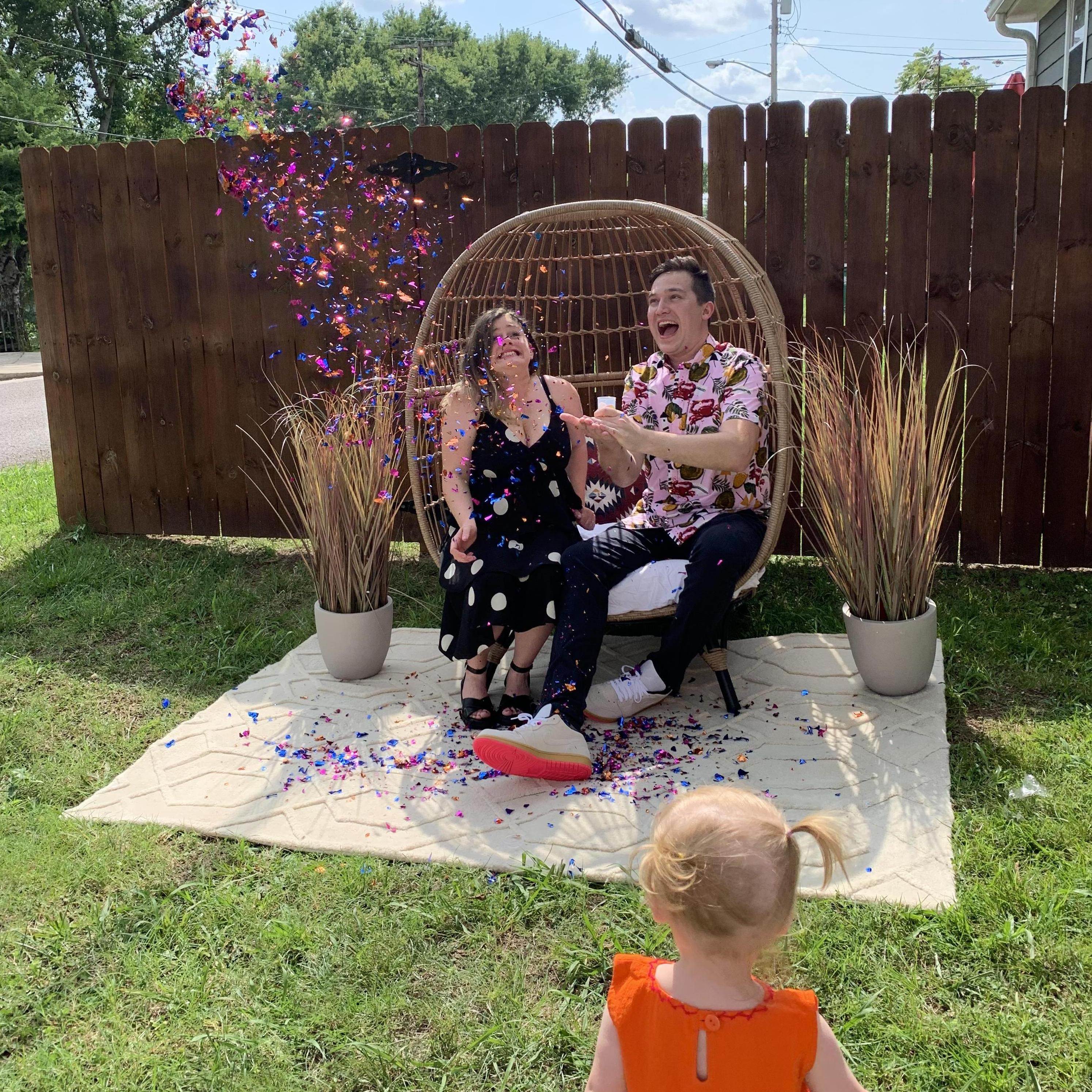 "Sam, Alyssa...what are your wedding colors?" Confetti.