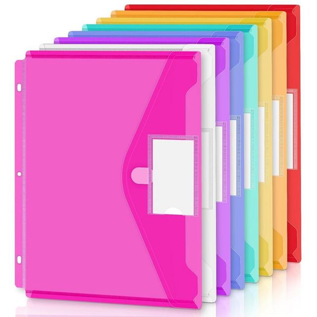 KTRIO 8 Pack Binder Pockets for 3 Ring Binder Organizer with Hook and Loop Closure, Heavyweight 3 Holes Folders with Pocket, Binder Folders for School Office, Letter Size, Side Loading, 8 Colors