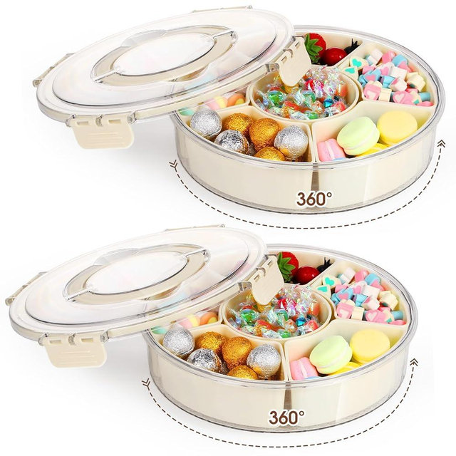 Maxdot 2Pcs Snackle Box Container Divided Serving Tray with Lid and Handle,6 Compartment Rotating Reusable Snack Portable Spinner Tray Portable Food Platter for Lunch Veggie Fruit Party Travel,10.6