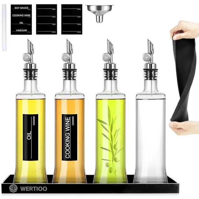 WERTIOO 4 Pack Oil Dispenser Bottle, 17 OZ/500ML Glass Olive Oil and Vinegar Dispenser Set Oil Container with Shelf, Oil and Vinegar Dispenser Set with Funnel & Pen and Tag for Kitchen