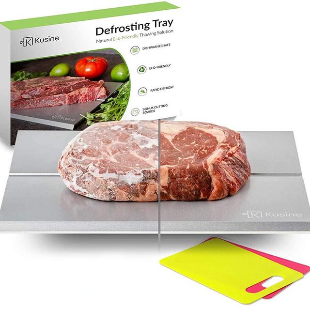 Kusine Defrost Tray and Thawing Plate | Fast defrosting Tray for Frozen Foods | Rapid Meat Thawing Tray Works Like Magic! | Dishwasher Friendly with Two Bonus Cutting Boards