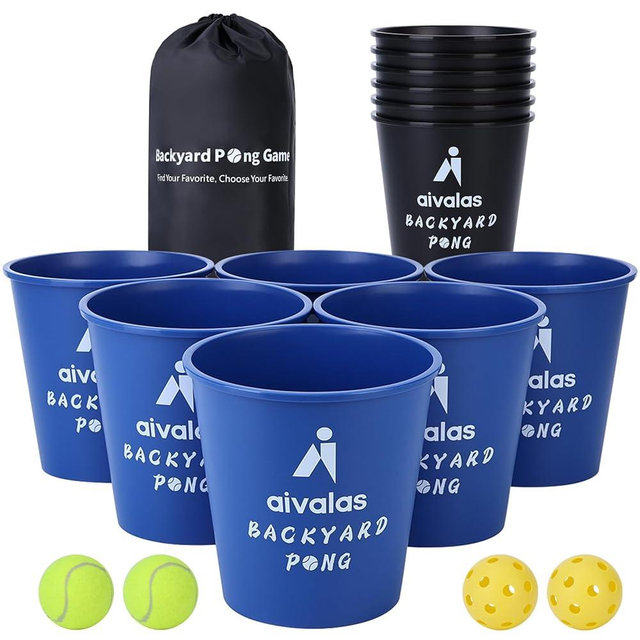 Giant Yard Pong Outdoor Games, Yard Games Set Including 12 Buckets, 4 Balls and a Carry Bag for Beach, Camping, Lawn and Backyard (Blue/Black)