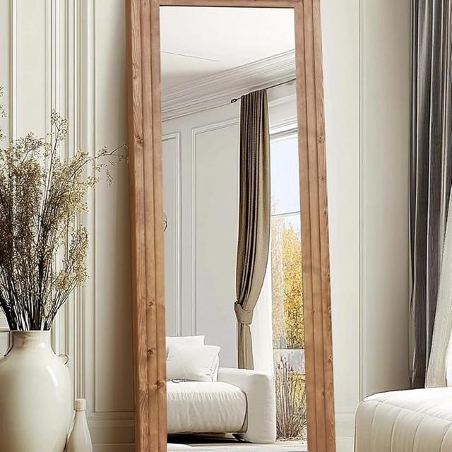 ABSWHLM Full Length Mirror 65"x22" with Stand Solid Wood Frame Floor Large Mirror for Living Room, Bedroom Hanging Standing or Leaning Wall-Mounted, Light Brown