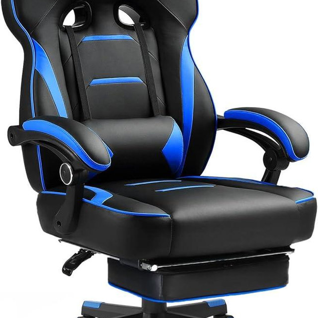 GTPLAYER Gaming Chair with Footrest, Big and Tall Game Chair 350lb Racing Style Computer Chair, Ergonomic Executive Office Chair High Back with Lumbar Support and Recliner, Blue