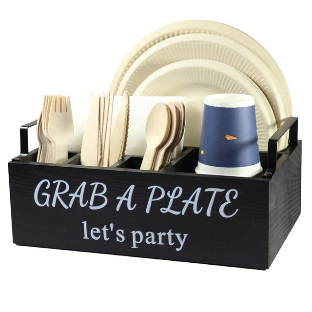 Paper Plate Holder, Utensil Caddy Organizer, Wood Paper Plate Dispenser, Silverware Caddy Holder, and Disposable Coffee Bar Accessories Box for Kitchen Counter, Party, Camping, Picnic (6 compartment)