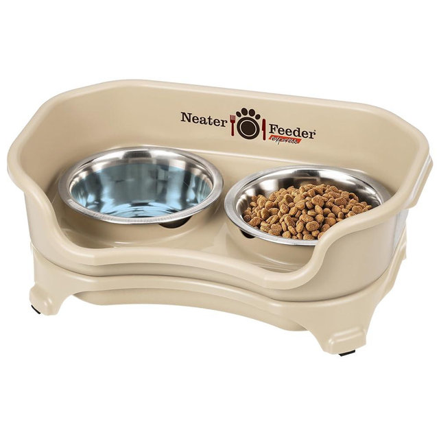Neater Feeder - Express Model - Mess-Proof Dog Bowls (Small, Almond) – Made in USA – Elevated, No Spill, Non-Tip, Non-Slip, Raised Stainless Steel Food & Water Pet Bowls