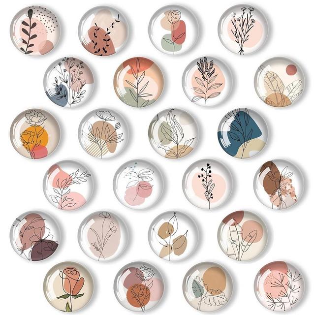 YayaCat 24Pcs 1.2in Round Crystal Glass Refrigerator Magnets,Line Drawing Flower Magnets for Fridge and Locker,Cute Decorative Whiteboard Blackboard Magnets for Office and Kitchen (Plant Line Drawing)