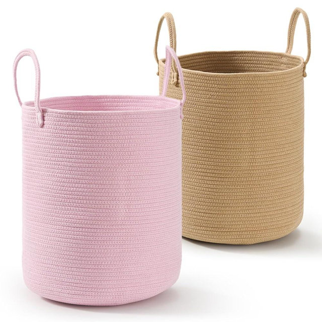2-Pack Large Cotton Rope Laundry Baskets – 15"x18" Extra Tall Baby Nursery Hampers for Dirty Clothes, Blankets, Toys & Storage – Pink & Jute Decorative Woven Bins for Girls’ Room or Laundry Room