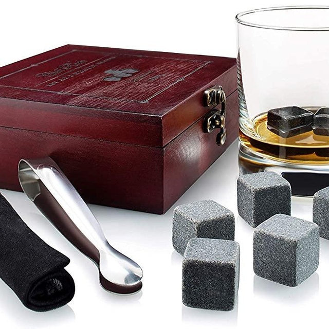 Gift Set of 8 Whiskey Chilling Stones [Chill Rocks] - in Premium Wooden Gift Box with Stainless Steel Tongs and Velvet Carrying Pouch - Made of 100% Pure Soapstone - by Quiseen