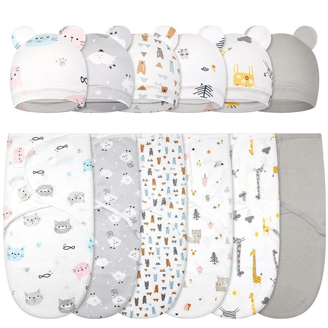 Ramede 6 Pack Baby Swaddle Blanket with Hats Sleep Swaddle for 0-3 Months Newborn Sacks Soft Cotton Wearable for Boy Girl