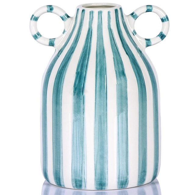 Green and White Ceramic Vase with Handle, Nordic Boho Small Vases Side Table Flower Centerpiece, Wide Mouth Single Flower Vase Pampas Grass Decorative - for Home Window Sill Living Dining Room Kitchen