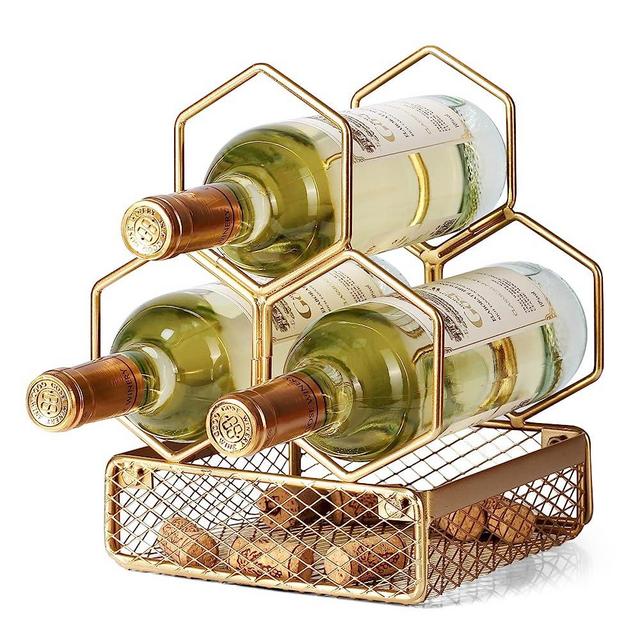 Drincarier Countertop Wine Rack, 3 Bottle Gold Wine Bottle Holder Cork Holder, Wine Rack with Cork Storage-Perfect for Home Decor & Kitchen Storage Rack, Bar, etc