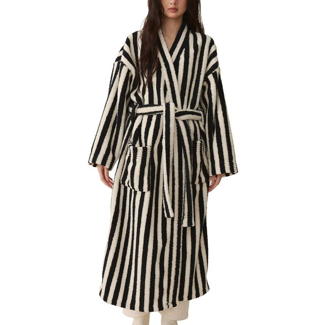 Homgro Women's Fuzzy Fleece Long Robe Striped Plush Kimono Warm Thick Fluffy Oversized V Neck Loungewear Maxi Bathrobe