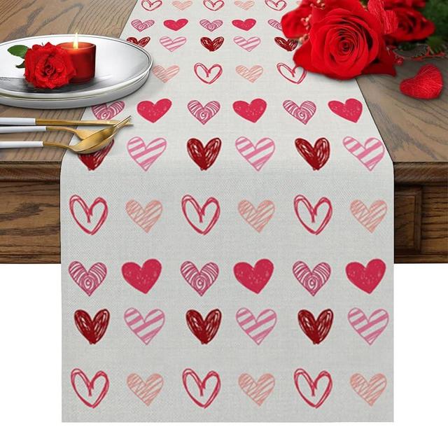 Valentines Table Runner Dresser Scarves Love Hearts Non-Slip Dinner Runner for Valentines Day Romantic Pink Red Holiday Parties Wedding Banquet Table Decor, 14" x 72"