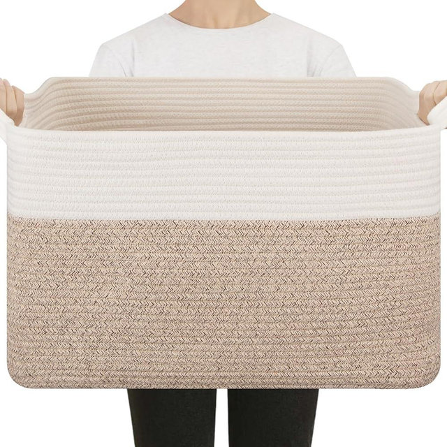 OIASKET Blanket Basket for Living Room, Cotton Rope Basket for Storage, Toy Basket Bin for kids, Woven Basket with Handles for Clothes, Towels, Pillows, 20" x 16" x 12", Brown and White
